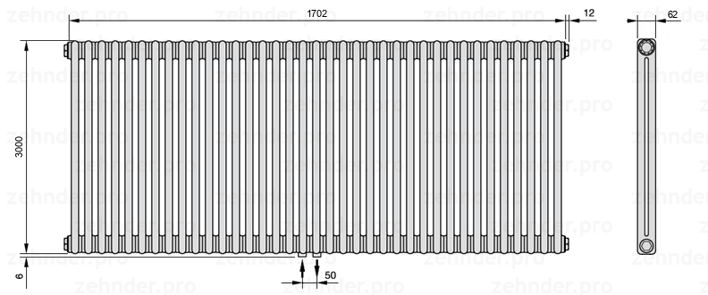 Схема (чертеж) Радиатор Zehnder Charleston 2300/37 №3470 Белый глянцевый RAL 9016